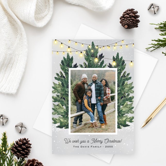 Christmas Tree Farm Lights Evergreen Frame Holiday Card (Creator Uploaded)