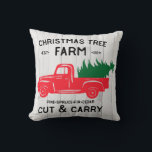 Christmas Tree Farm with Vintage Red Truck Pillow<br><div class="desc">Add a touch of Christmas anywhere with this festive, vintage style pillow . Christmas Tree Farm with an old fashioned red pick up truck carrying a Christmas tree. Traditional, festive Christmas colours on a white wood background. Perfect for any farmhouse, country or traditional home or office! Looks great anywhere! I...</div>
