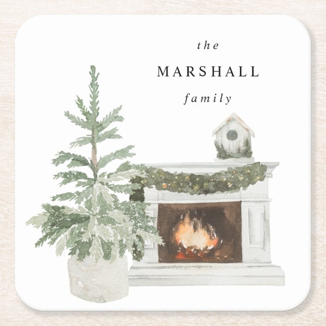 Christmas Tree & Fireplace & Name Square Paper Coaster (Front)