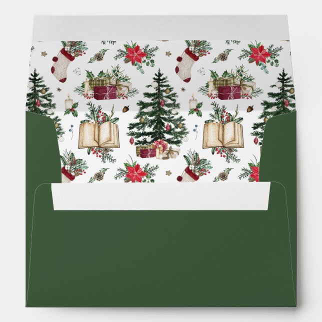 Christmas Tree Floral Festive Holiday Modern Green Envelope (Back (Bottom))