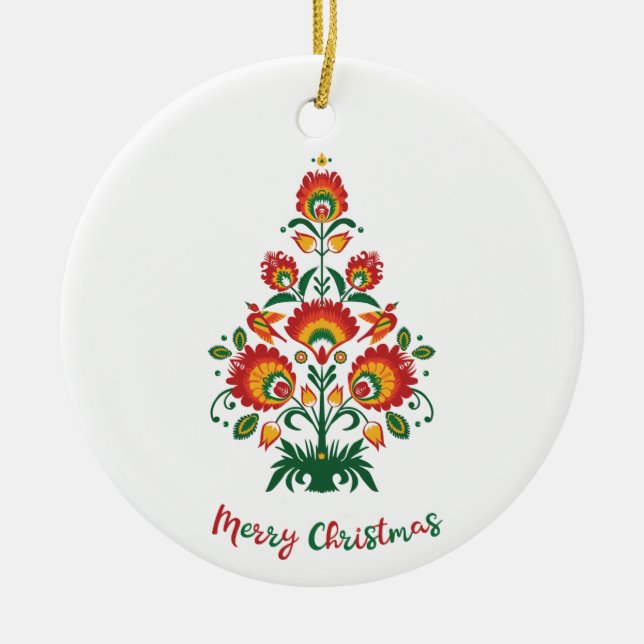 🎄Christmas tree folklore [red, yellow] white Ceramic Tree Decoration (Front)