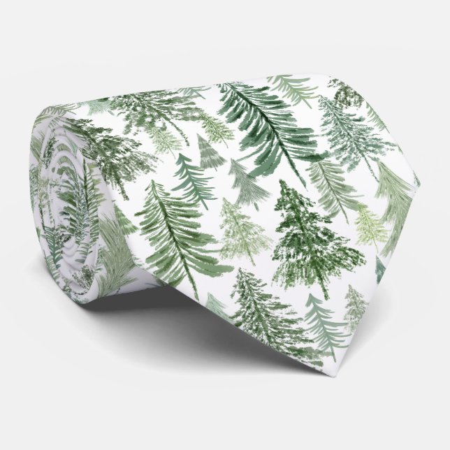 Christmas Tree Forest in Green on White Tie (Rolled)
