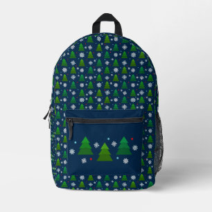 Christmas tree forest, snowflakes and red blue dot printed backpack
