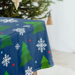Christmas tree forest, snowflakes and red blue dot tablecloth