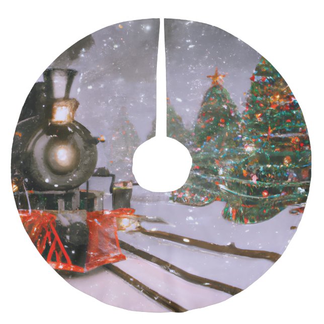 Christmas tree forest train  brushed polyester tree skirt (Front)
