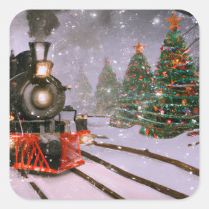 Christmas tree forest train square sticker