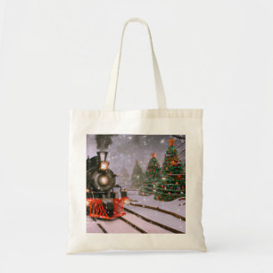 Christmas tree forest train tote bag