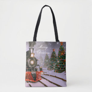 Christmas tree forest train tote bag