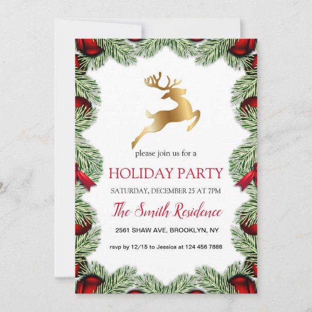 Christmas tree frame, golden reindeer invitation (Front)