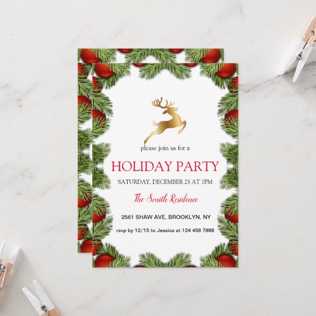 Christmas tree frame, golden reindeer invitation (Front/Back In Situ)