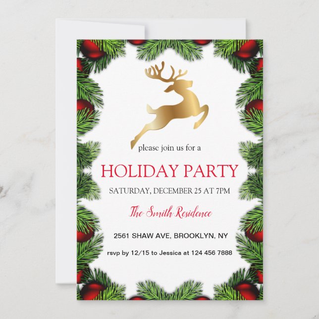 Christmas tree frame, golden reindeer invitation (Front)