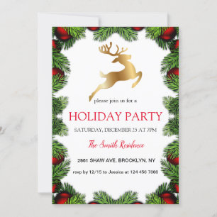 Christmas tree frame, golden reindeer invitation
