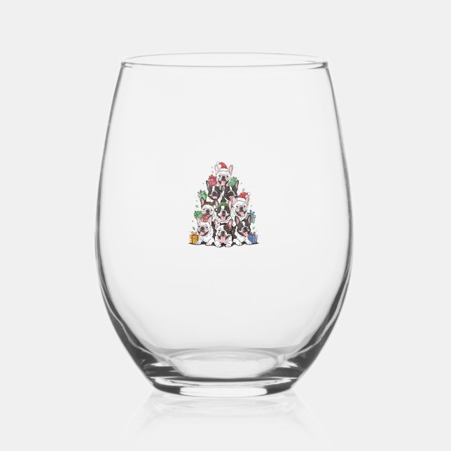 Christmas Tree French Bulldogs Frenchie French Bul Stemless Wine Glass (Front)