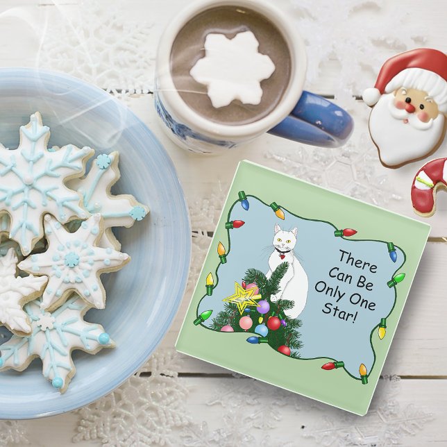 Christmas Tree Funny White Cat Glass Coaster (Creator Uploaded)