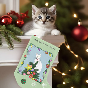 Christmas Tree Funny White Cat Small Christmas Stocking