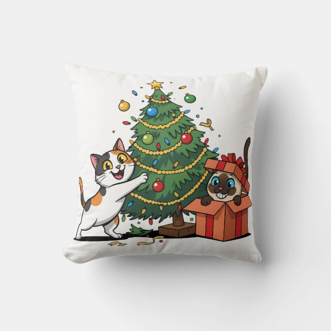 Christmas Tree & Gift Surprise Cats  Cushion (Front)