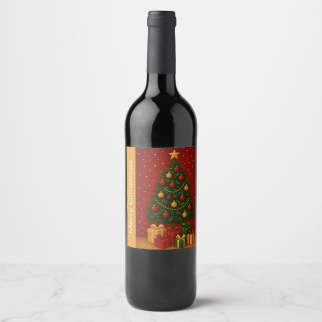 🎄 Christmas Tree & Gifts – Classic Holiday Wine Label (Front)