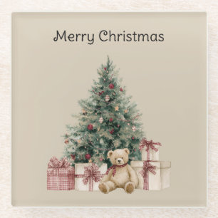 Christmas Tree Gifts Teddy Bear Glass Coaster