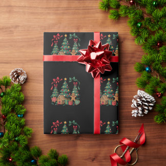 Christmas Tree Gingerbread House Cookies Xmas Bow Wrapping Paper
