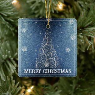 Christmas Tree Glitter and Snowflakes Blue Ceramic Ornament