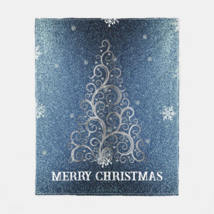 Christmas Tree Glitter and Snowflakes   Blue Fleece Blanket