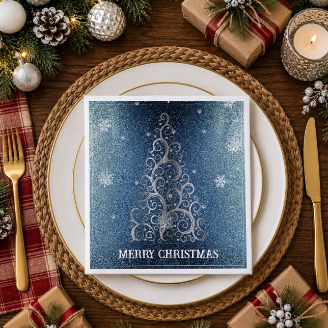 Christmas Tree Glitter and Snowflakes | Blue Napkin (Blue Christmas Tree Glitter and Snowflakes Napkins)