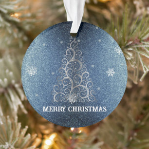 Christmas Tree Glitter and Snowflakes Blue Ornament