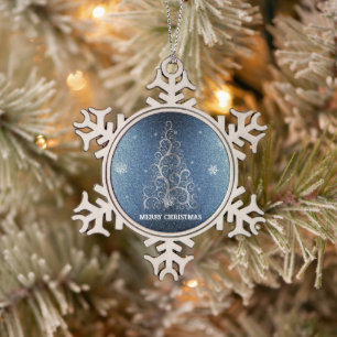 Christmas Tree Glitter and Snowflakes Blue Snowflake Pewter Christmas Ornament