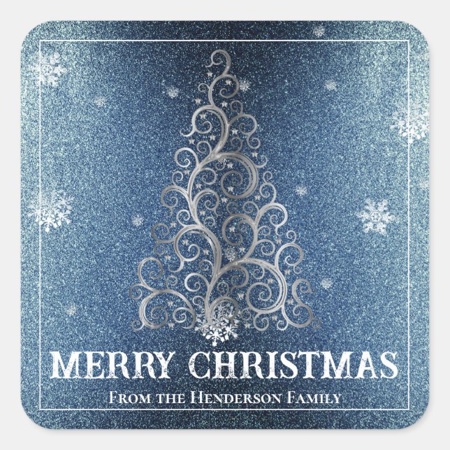 Christmas Tree Glitter and Snowflakes | Blue Square Sticker (Front)