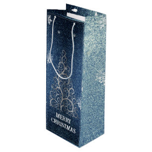 Christmas Tree Glitter and Snowflakes Blue Wine Gift Bag