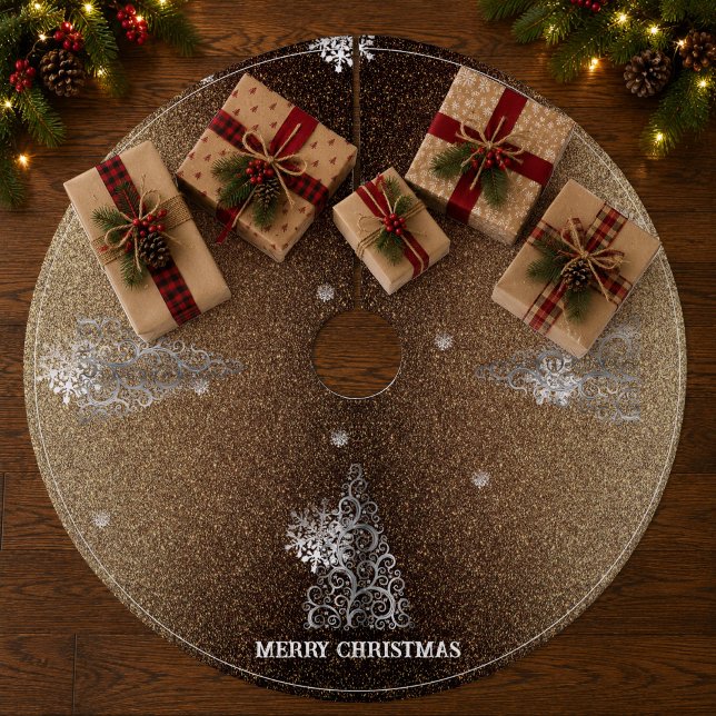 Christmas Tree Glitter and Snowflakes | Gold Fleece Tree Skirt (Gold Christmas Tree Glitter and Snowflakes Tree Skirt)