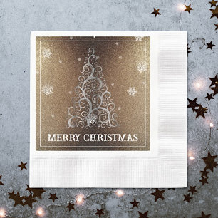 Christmas Tree Glitter and Snowflakes   Gold Napkin