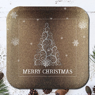Christmas Tree Glitter and Snowflakes   Gold Paper Plate