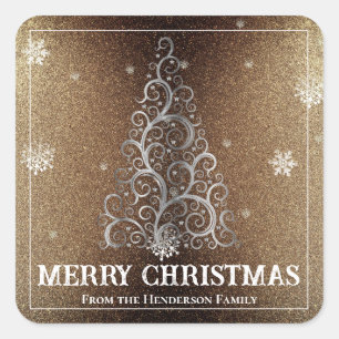 Christmas Tree Glitter and Snowflakes   Gold Square Sticker