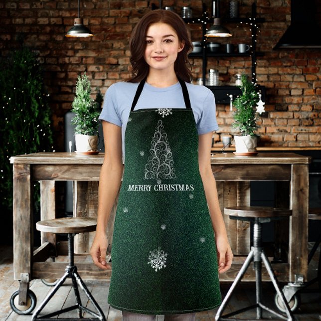 Christmas Tree Glitter and Snowflakes | Green Apron (Green Christmas Tree Glitter and Snowflakes Apron)