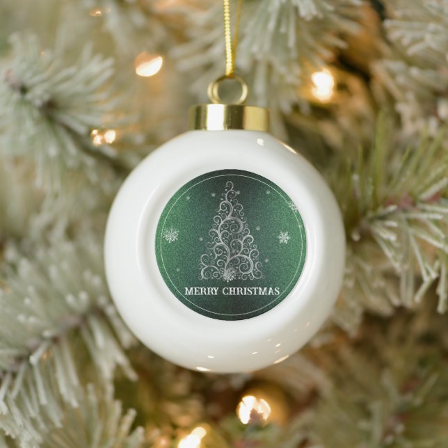 Christmas Tree Glitter and Snowflakes | Green Ceramic Ball Christmas Ornament (Tree)