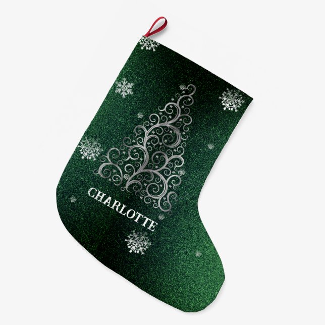 Christmas Tree Glitter and Snowflakes | Green Large Christmas Stocking (Front (Hanging))