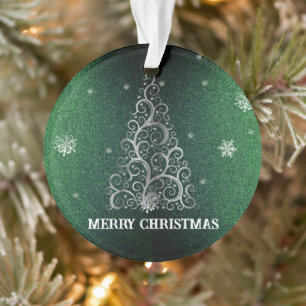Christmas Tree Glitter and Snowflakes   Green Ornament