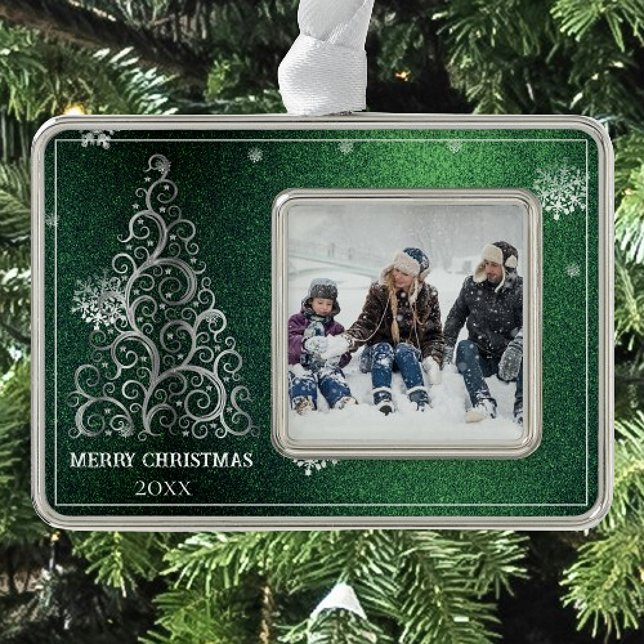 Christmas Tree Glitter and Snowflakes | Green Silver Plated Framed Ornament (Green Christmas Tree Glitter and Snowflakes Ornament)