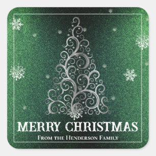 Christmas Tree Glitter and Snowflakes   Green Square Sticker
