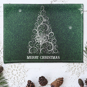 Christmas Tree Glitter and Snowflakes Green Tea Towel