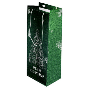 Christmas Tree Glitter and Snowflakes Green Wine Gift Bag