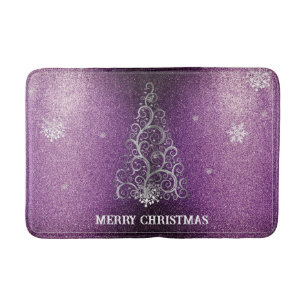 Christmas Tree Glitter and Snowflakes Magenta Bath Mat