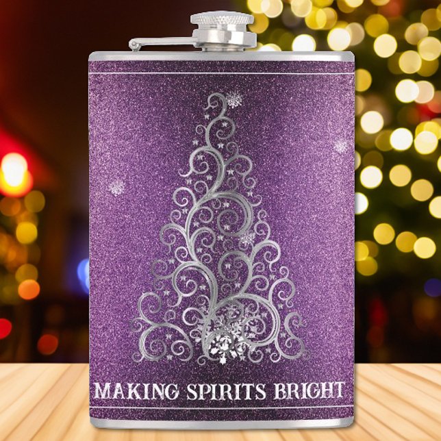 Christmas Tree Glitter and Snowflakes | Magenta Hip Flask (Magenta Christmas Tree Glitter and Snowflakes Flask)