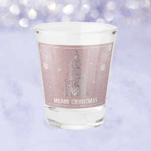 Christmas Tree Glitter and Snowflakes Pink Shot Glass