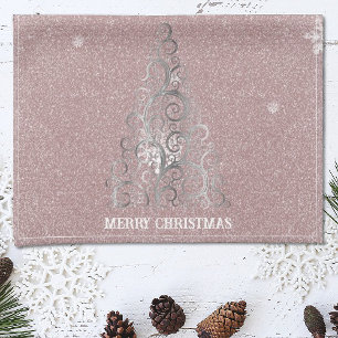Christmas Tree Glitter and Snowflakes Pink Tea Towel