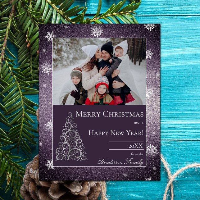Christmas Tree Glitter and Snowflakes | Purple Holiday Card (Christmas Tree Glitter and Snowflakes Holiday Photo Card - Purple)