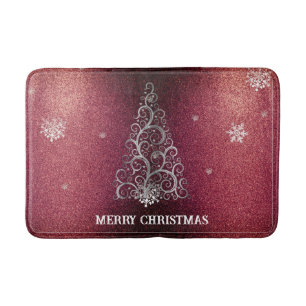 Christmas Tree Glitter and Snowflakes   Red Bath Mat