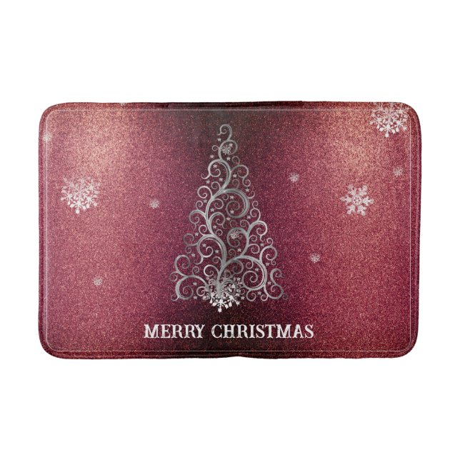 Christmas Tree Glitter and Snowflakes | Red Bath Mat (Front)