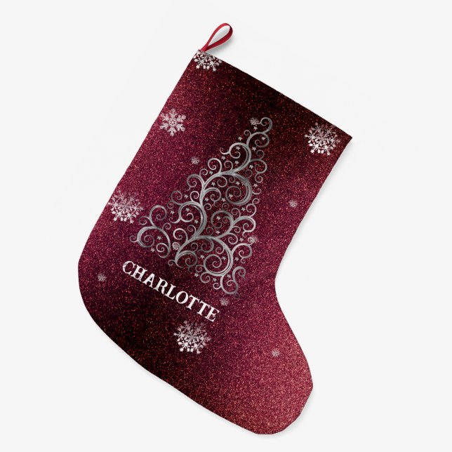 Christmas Tree Glitter and Snowflakes | Red Large Christmas Stocking (Front (Hanging))